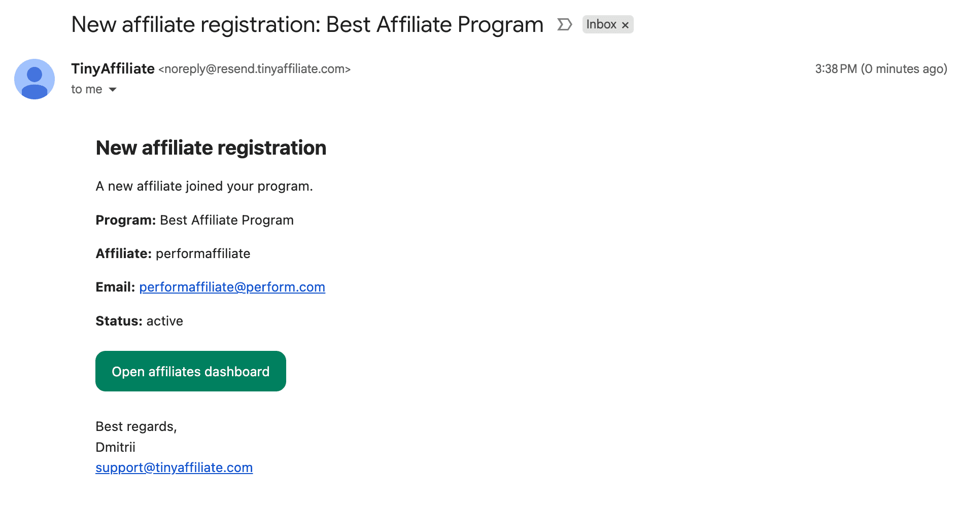 Affiliate registration notification email