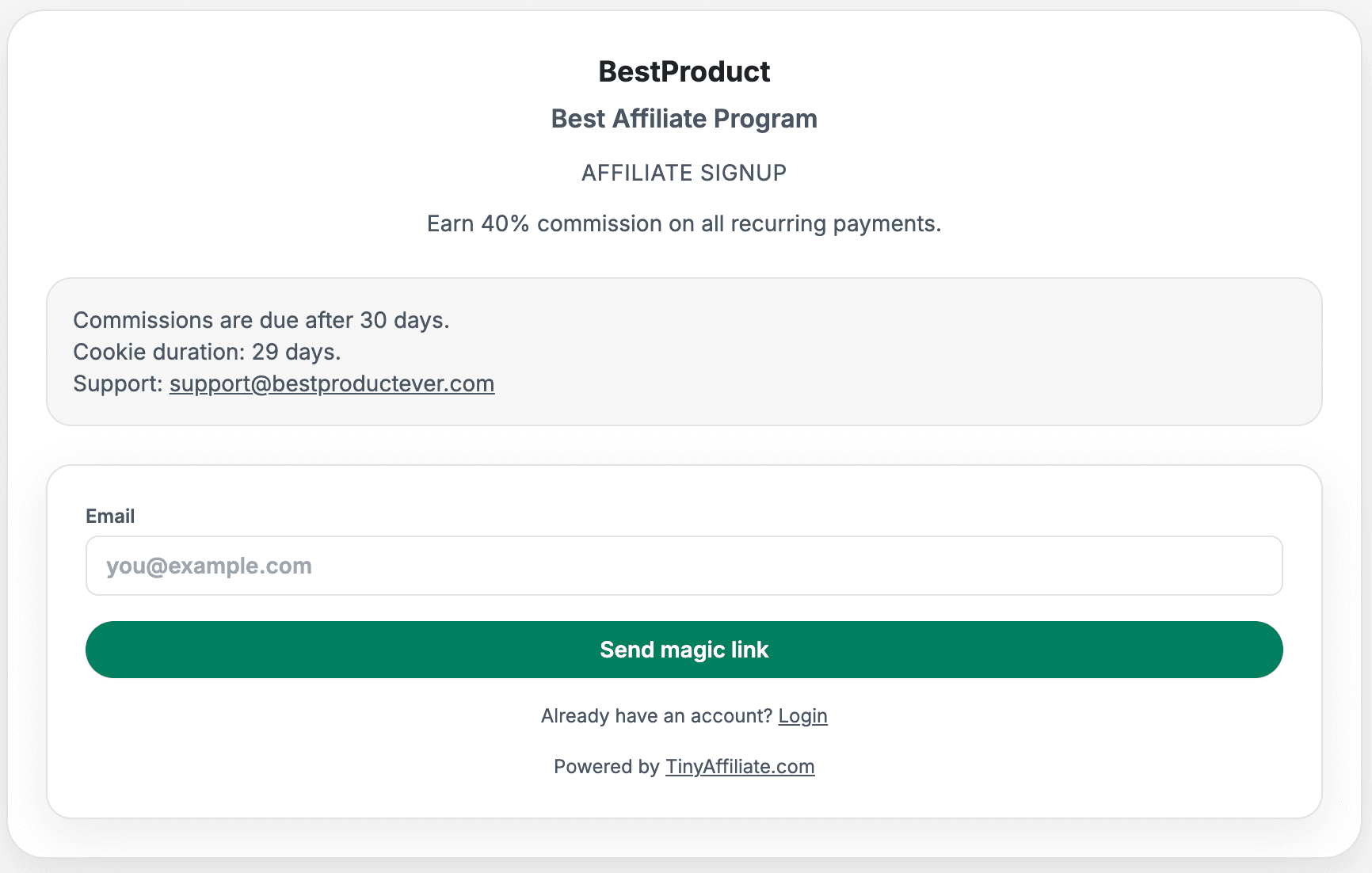Affiliate signup page
